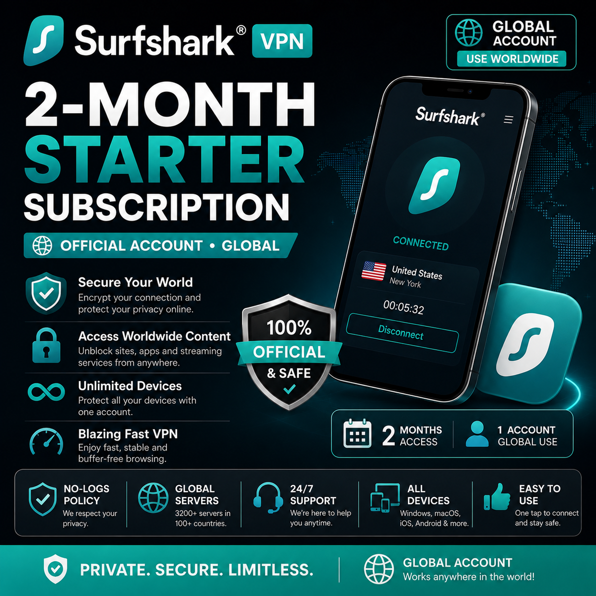 Surfshark VPN 2-Month Starter Subscription- Account Global