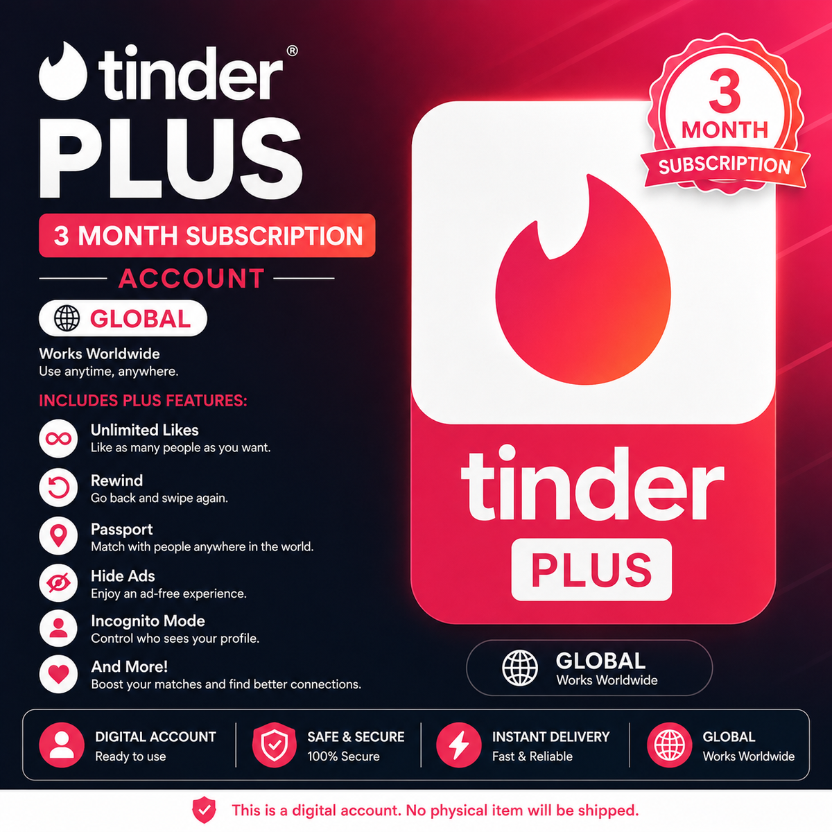 Tinder Plus 3 Month Subscription- Account Global