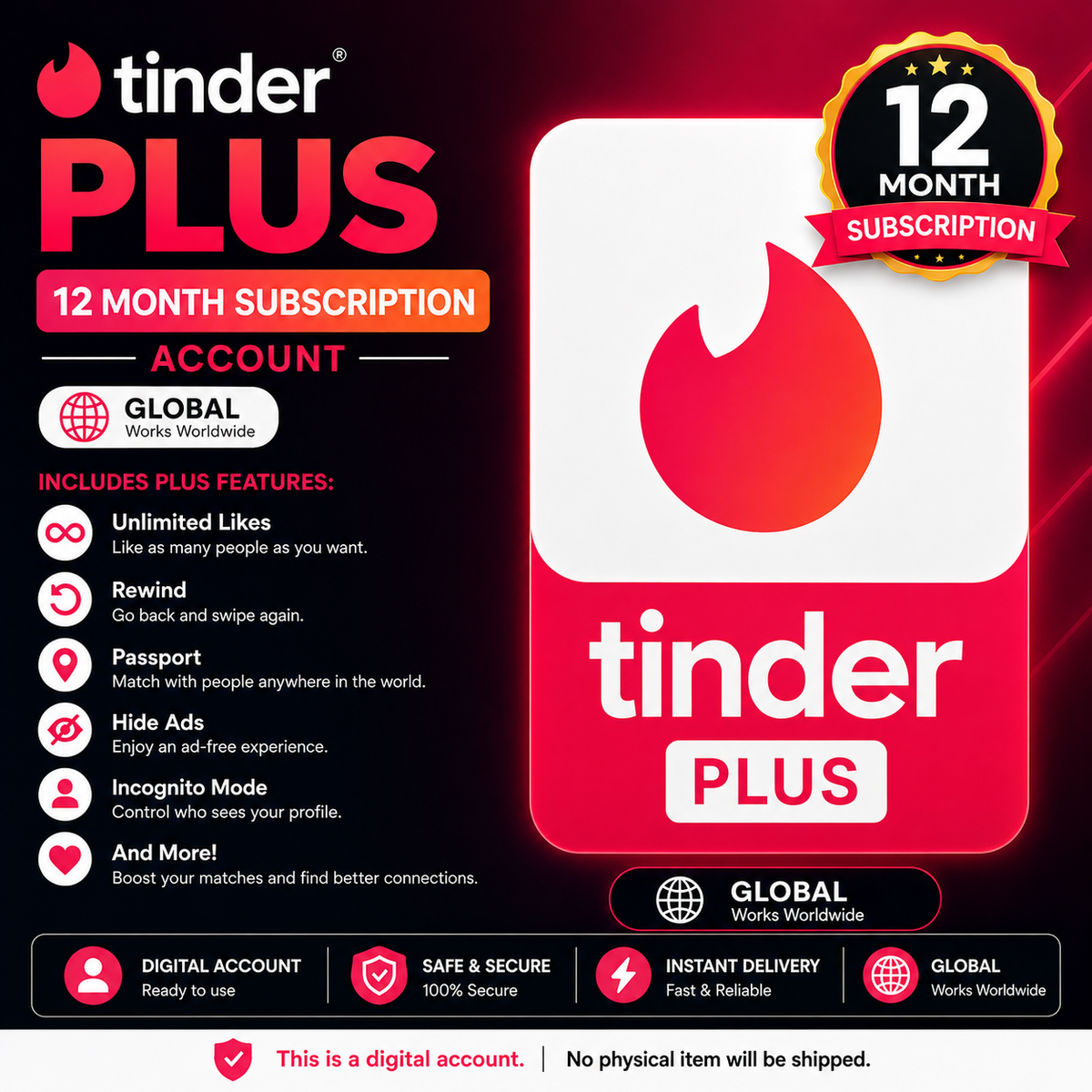 Tinder Plus 12 Month Subscription- Account Global