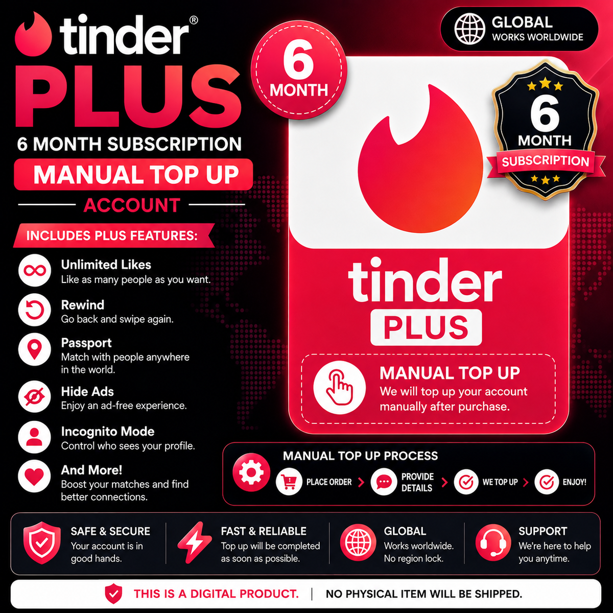 Tinder Plus 6 Month Subscription- Manual Top Up Global