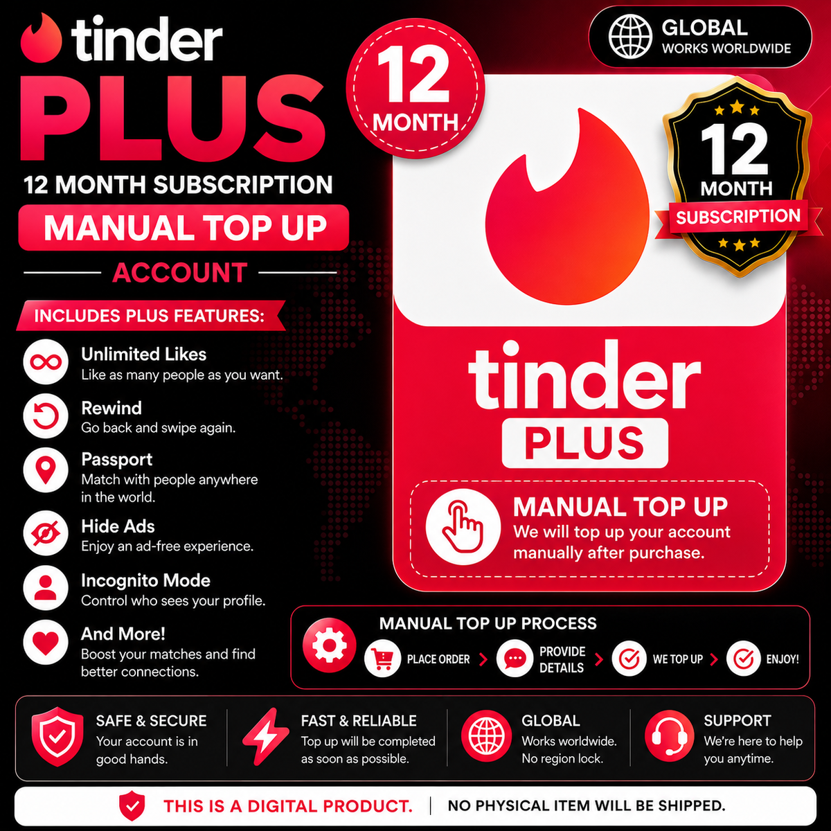 Tinder Plus 12 Month Subscription- Manual Top Up Global