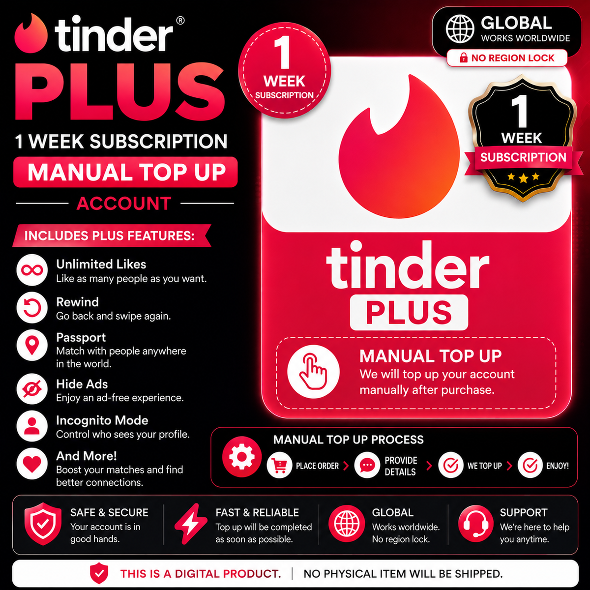 Tinder Plus 1 Week Subscription- Manual Top Up Global