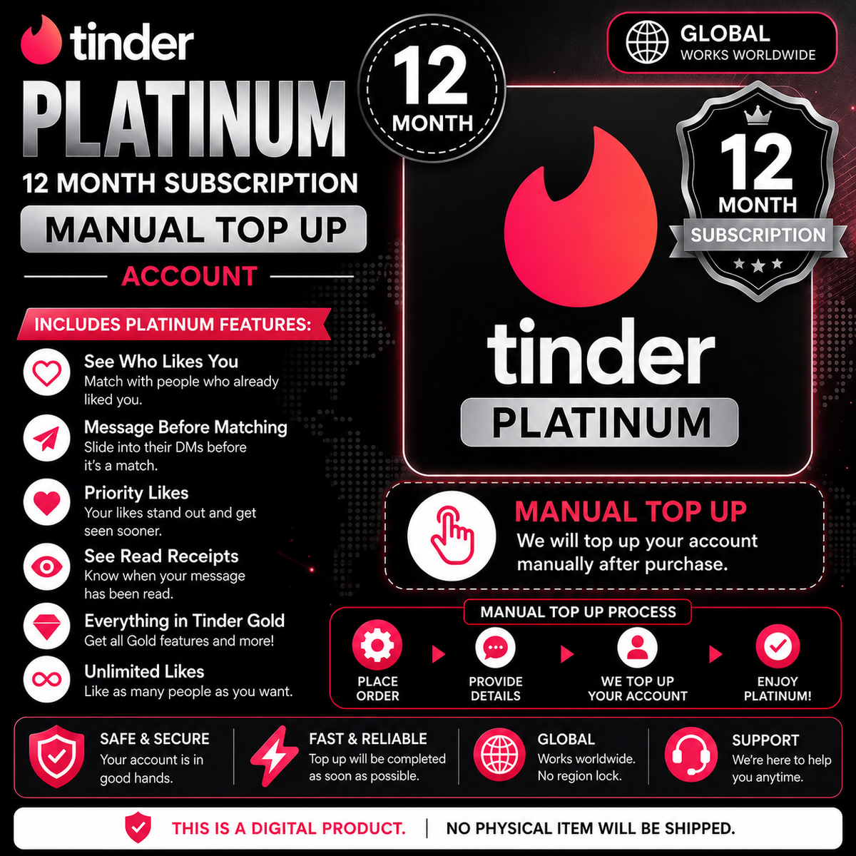 Tinder Platinum Subscription 12 Month- Manual Top Up Global