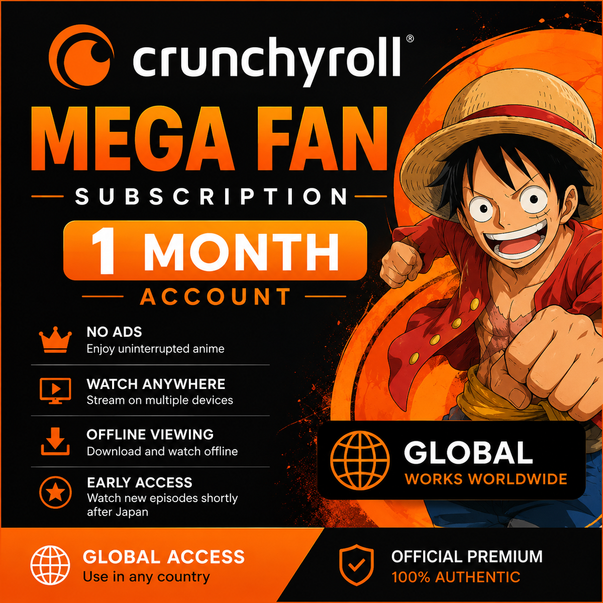 Crunchyroll Mega Fan 1 Month Subscription- Account Global