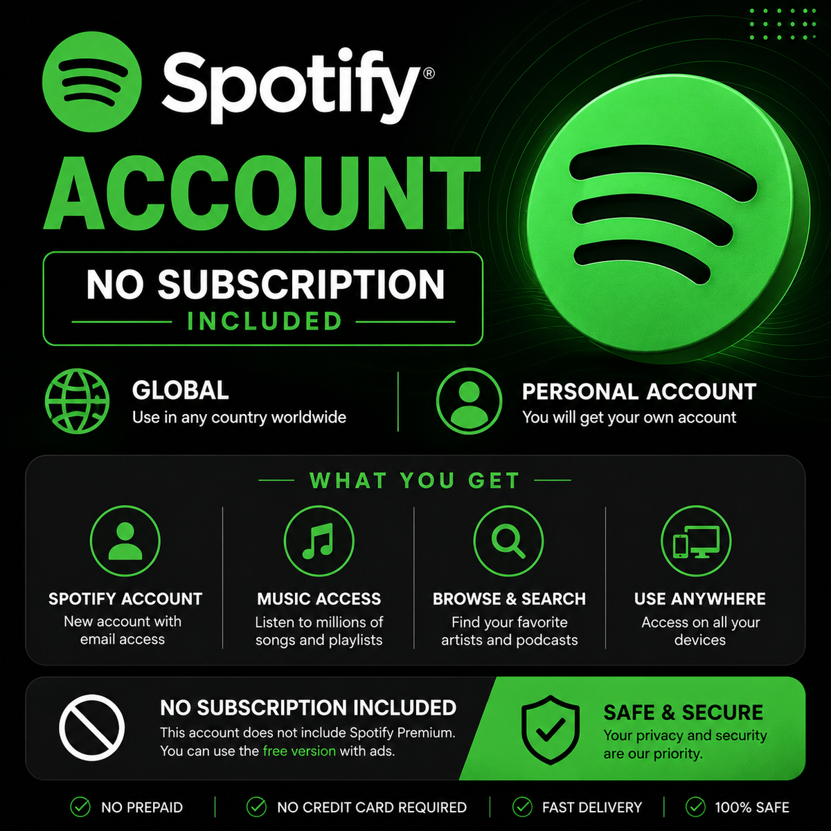 Spotify Account with No Subscription Included Global