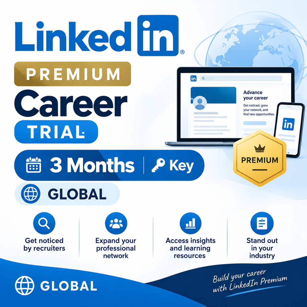 LinkedIn Premium Career TRIAL - 3 Months Key GLOBAL